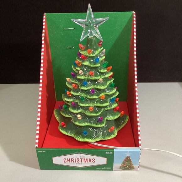 Ceramic Lighted Table Top Christmas Tree 15" Star Top - Picture 2 of 5